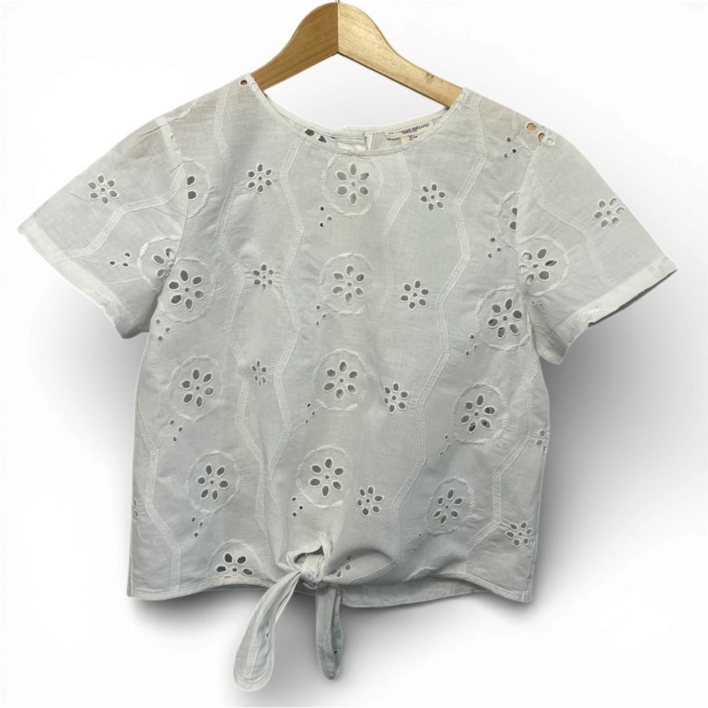 Christian Siriano White Linen Cotton Eyelet Blouse Tie Front Cropped Small